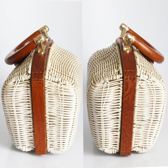 Simon Mr. Ernest White Wicker Bag with Brown Wood Trim Purse 60s Retro - Picture 6 of 10